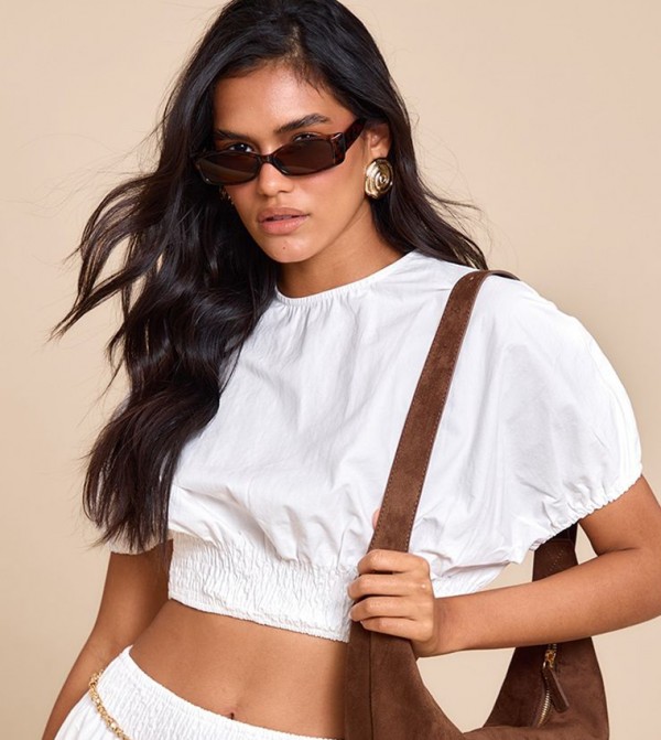 Shirred Waist Cap Sleeves Crop Top