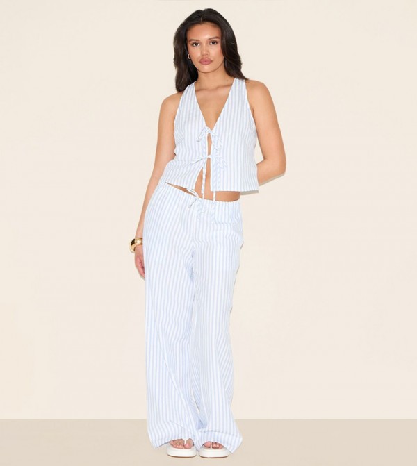Striped Tie Waist Straight Fit Trousers