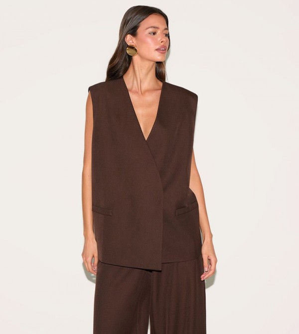 Woven Collarless Oversized Shoulder Pad Waistcoat