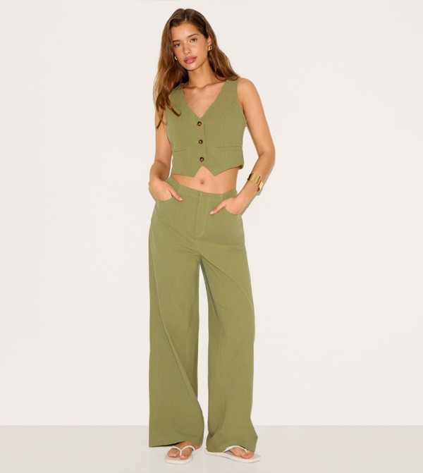 Linen Look Mid Rise Wide Leg Trousers