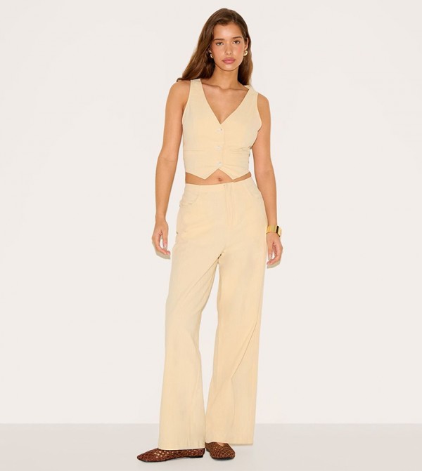 Linen Look Mid Rise Wide Leg Trousers
