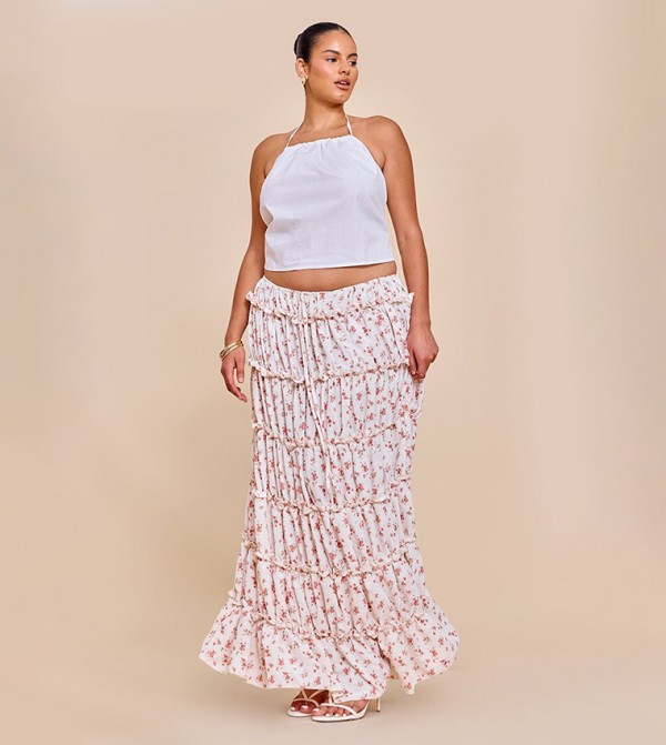 Curve Ditsy Floral Print Maxi Tiered Skirt