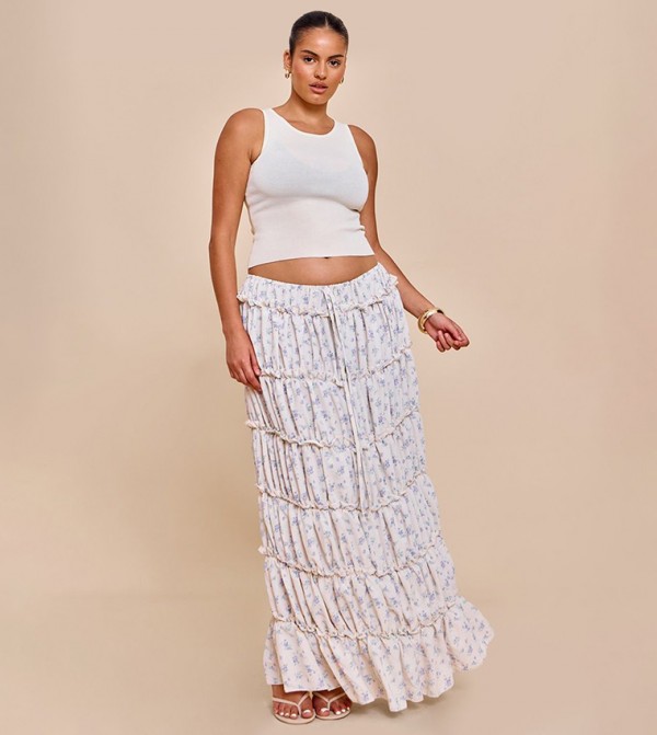 Curve Ditsy Floral Print Maxi Tiered Skirt