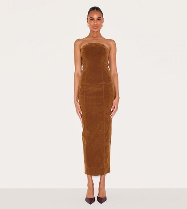 Chestnut Faux Suede Strapless Maxi Dress