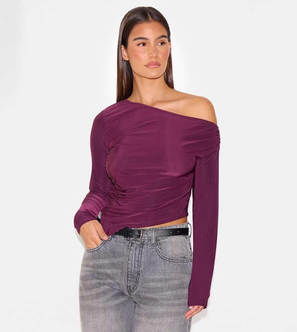 Soft Touch Asymmetric Ruched Long Sleeves Crop Top