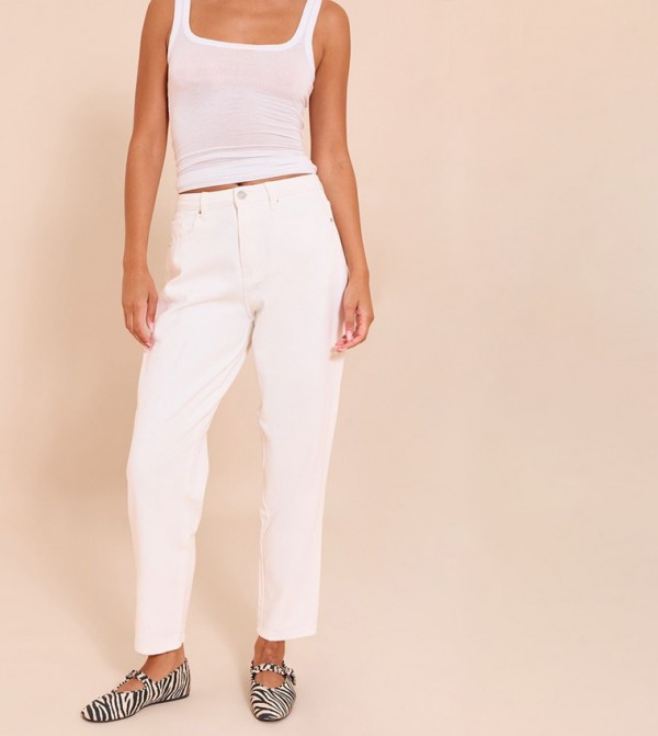 Solid High Waist Mom Fit Jeans
