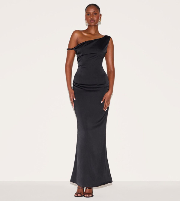 Satin Asymmetric Bardot Twist Maxi Dress