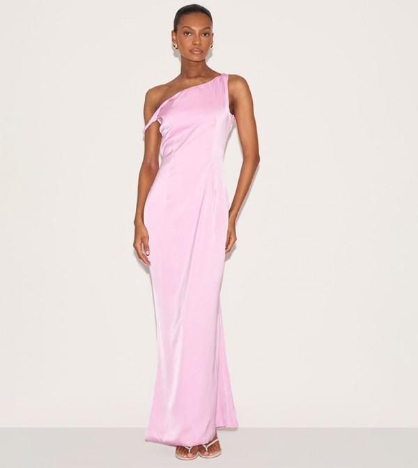 Satin Asymmetric Bardot Twist Maxi Dress