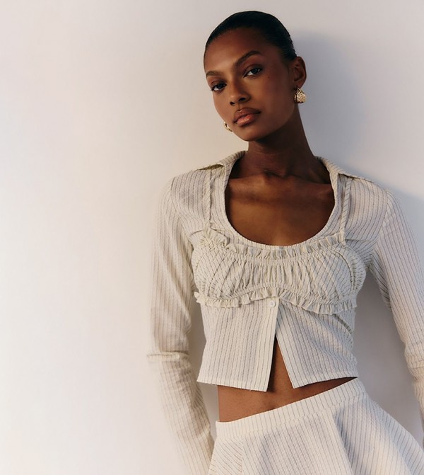 Pinstriped Seersucker Ruched Bralette Detail Shirt