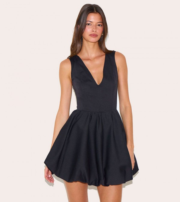 Tailored V-Neck Puffball Mini Dress