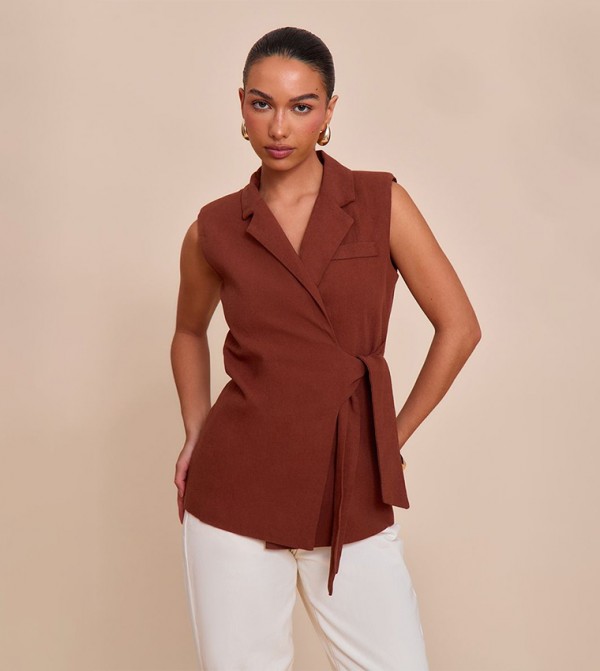 Linen Look Tie Waist Waistcoat