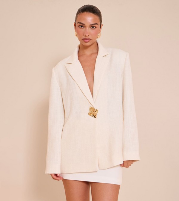 Button Detail Linen Look Boxy Fit Blazer