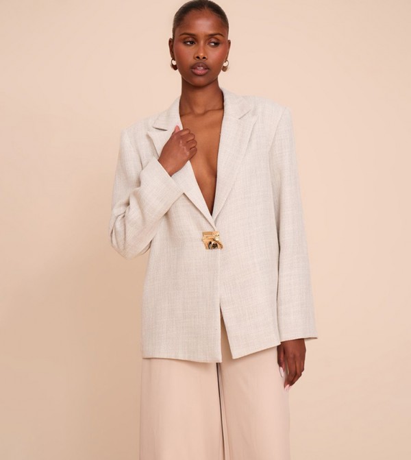 Button Detail Linen Look Boxy Blazer