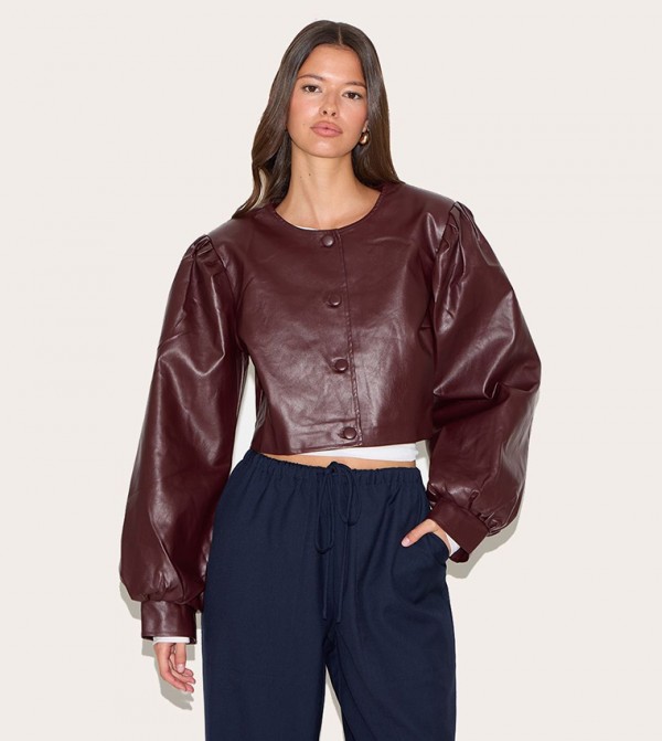 Faux Leather Pleat Sleeves Button Up Jacket