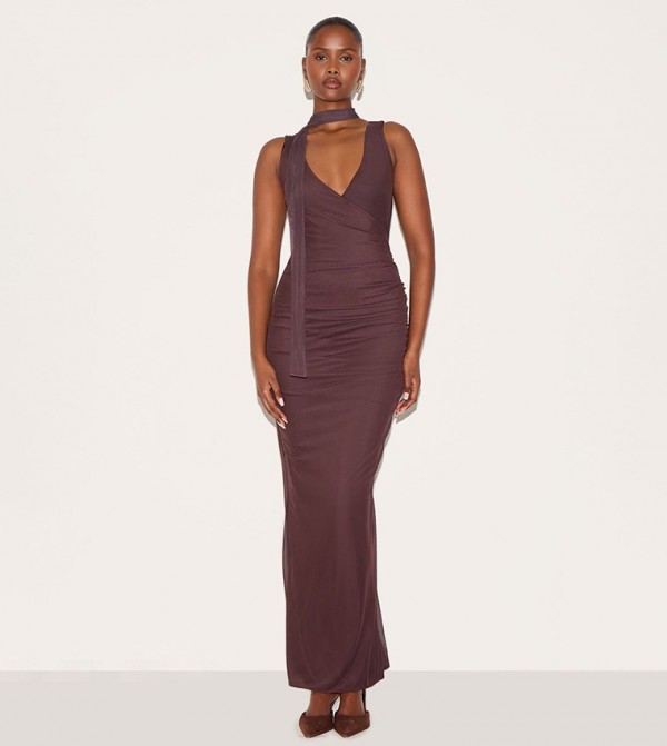 Mesh V-Neck Wrap Maxi Dress