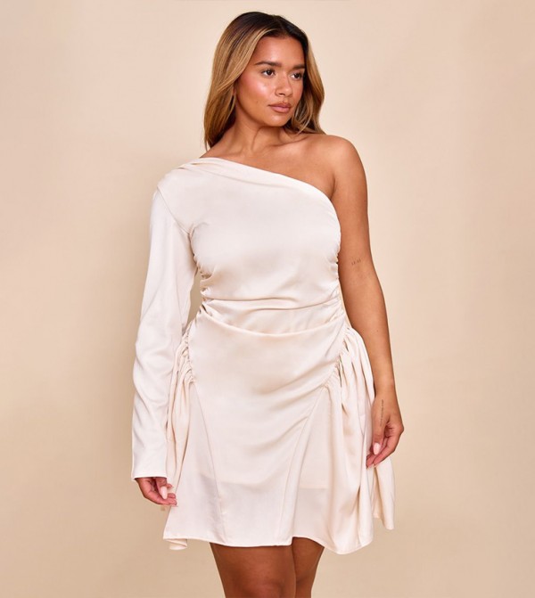 Shape Satin Ruched One Shoulder Skater Mini Dress