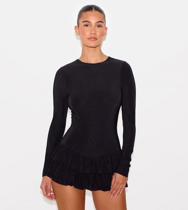 Double Layer Slinky Long Sleeves Flared Skort Playsuit