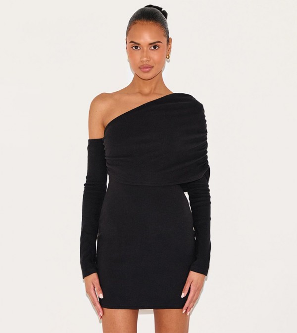 Rib Asymmetric Bardot Long Sleeve Bodycon Dress