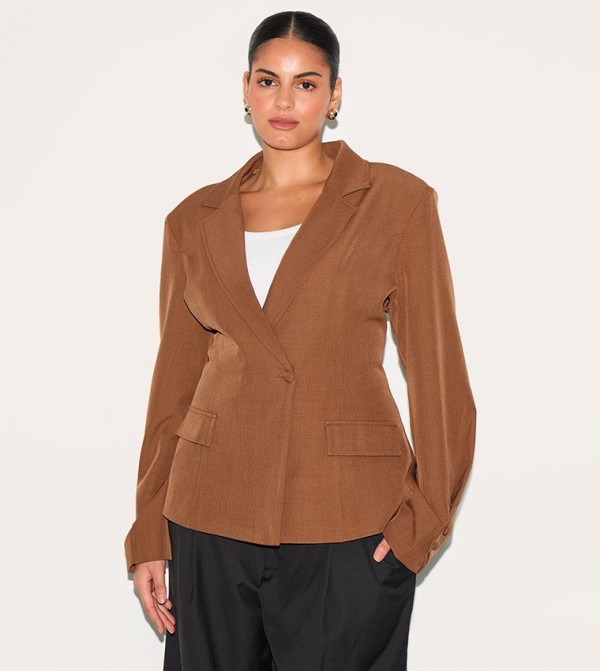 Curve Woven Cinched Waist Fitted Blazer