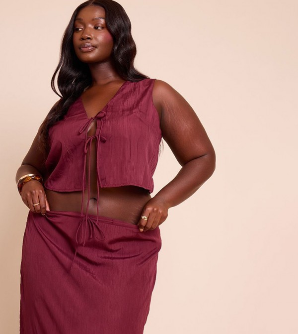 Curve Textured Tie Detail Crop Waistcoat