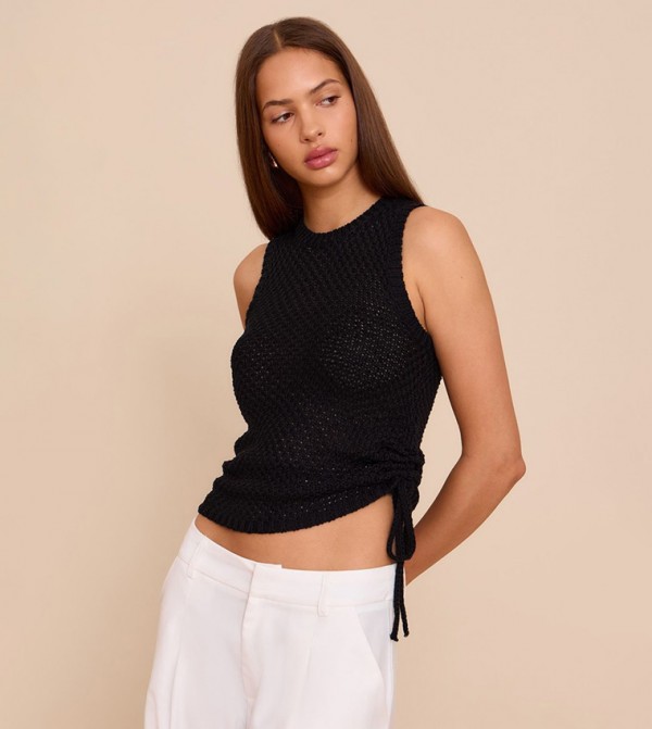 Crochet Knit Ruched Racer Tank Top