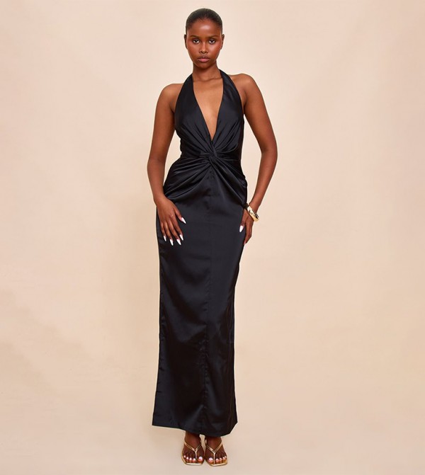 Bridesmaid Satin Twist Detail Halterneck Maxi Dress