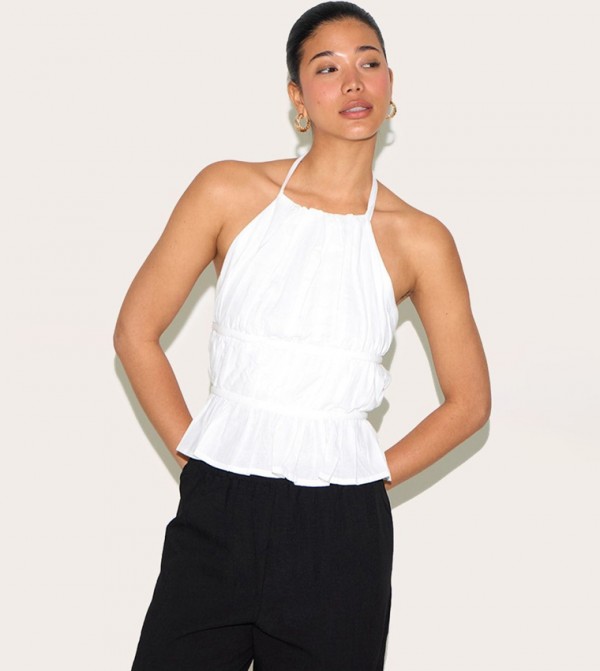 Lightweight Woven Tiered Halterneck Crop Top