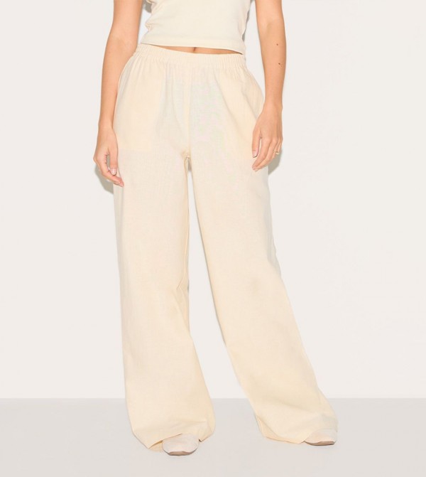 Linen Look Elastic Waist Straight Fit Trousers
