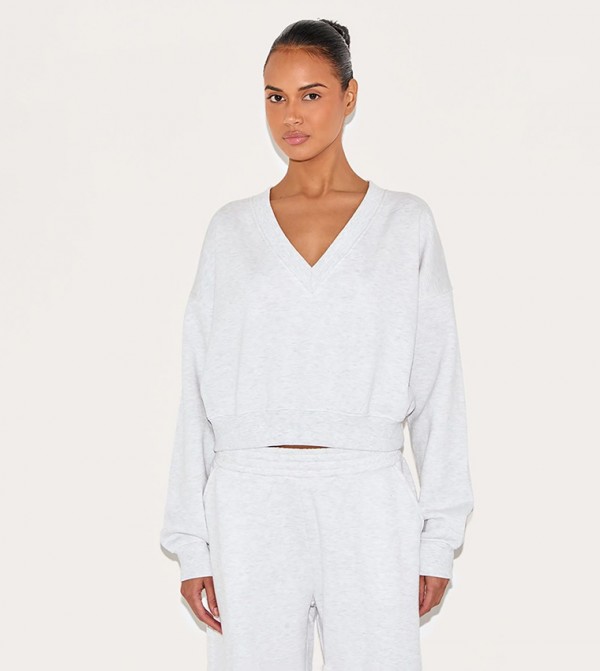 Solid Boxy V-Neck Sweatshirt