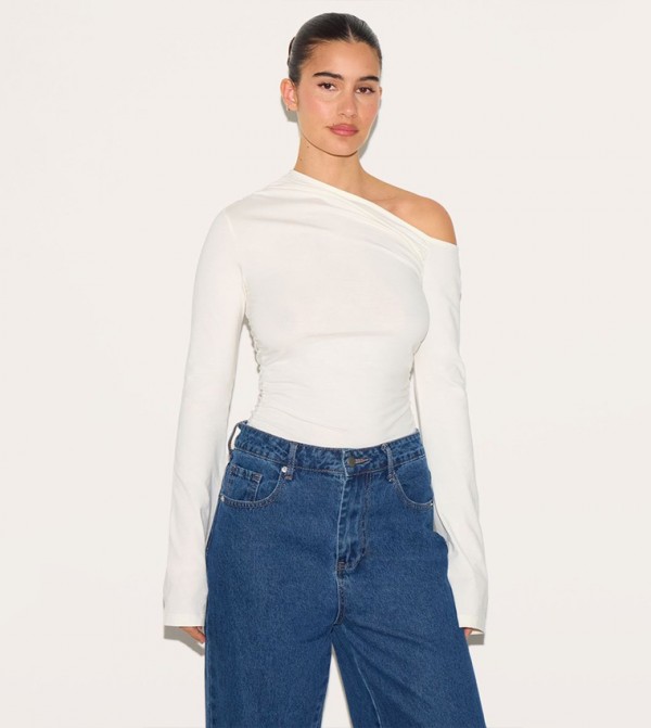 Asymmetric Ruched Flared Sleeves Top
