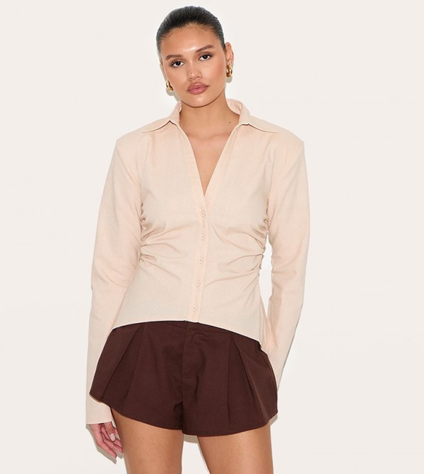 Linen Blend Shoulder Padded Fitted Shirt