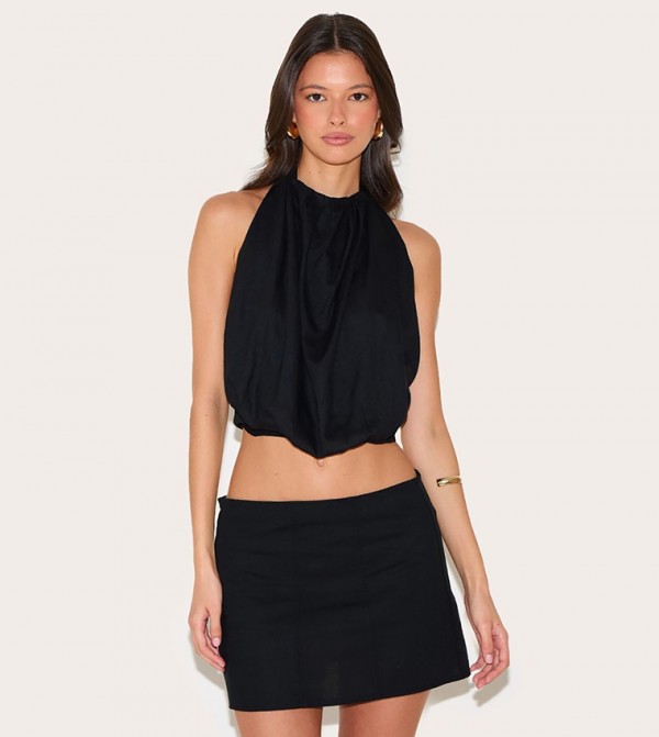 Linen Blend High Neck Backless Puffball Crop Top