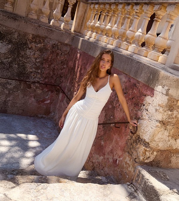 Chiffon Ruched Dropped Waist Maxi Dress