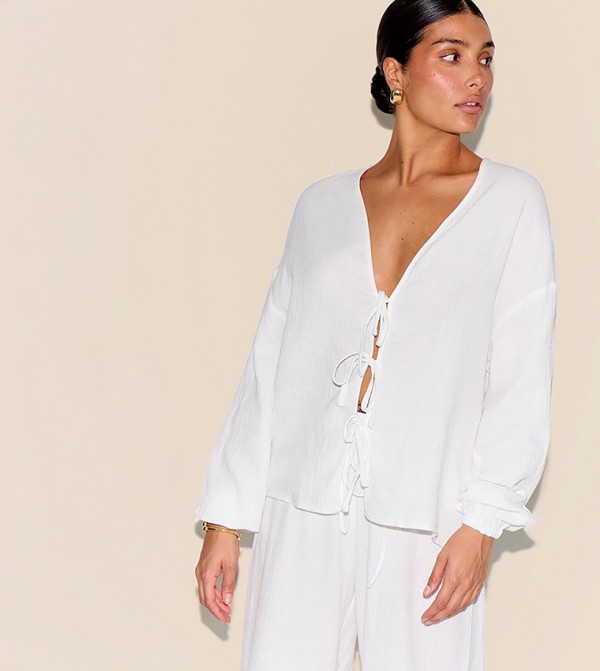 Petite Cheesecloth Textured Tie Front Shirt