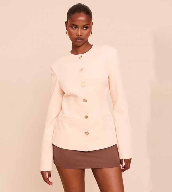 Button Up Round Neck Fitted Jacket