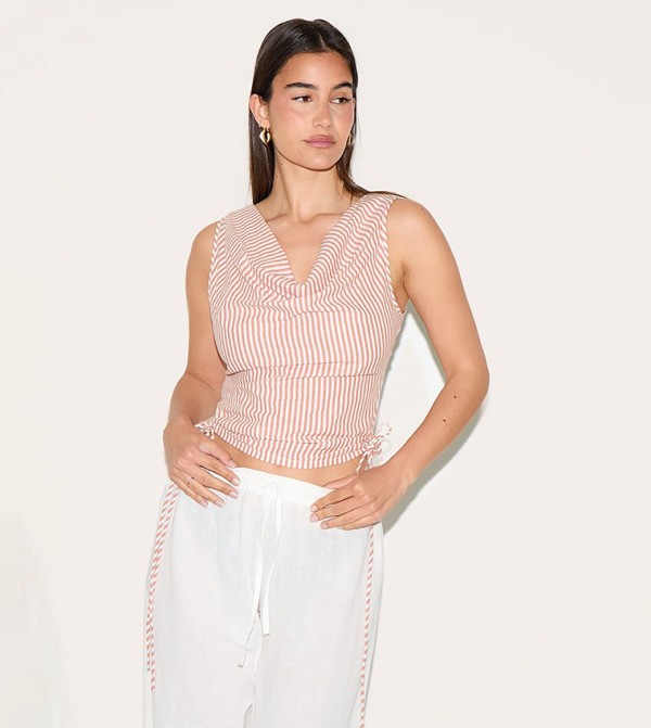 Striped Cowl Neck Tie Sides Crop Top