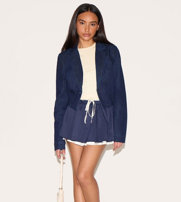 Petite Cropped Cinched Waist Denim Jacket