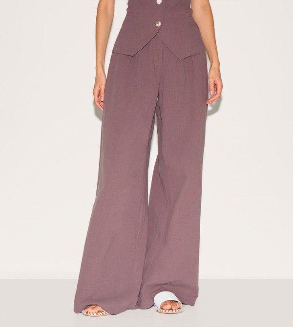 Linen Look Wide Leg Pleated Trousers