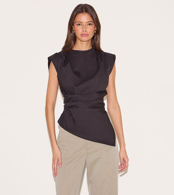 Woven Shoulder Detail Asymmetric Hem Long Top