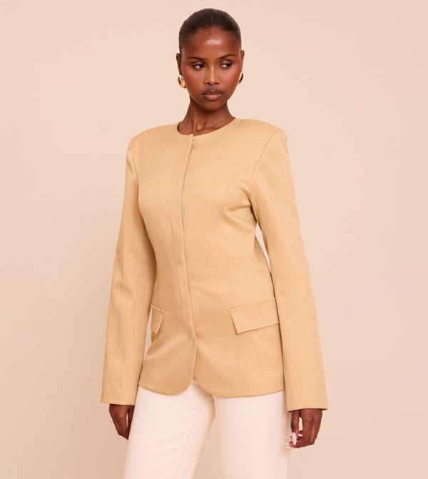 Collarless Cinched Waist Boxy Fit Blazer