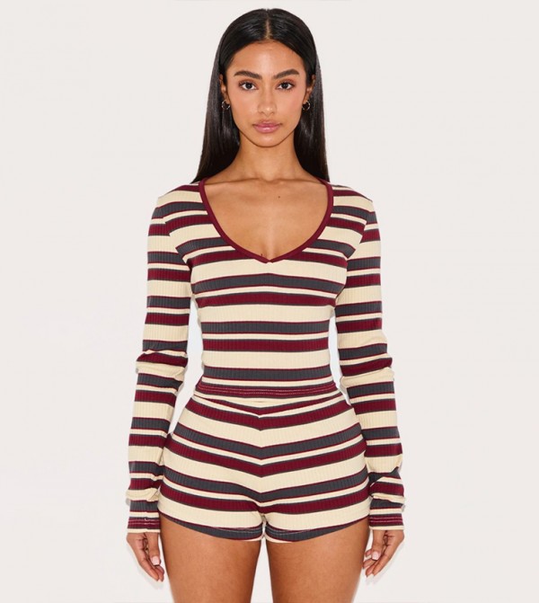 Petite Striped Long Sleeves Crop Top