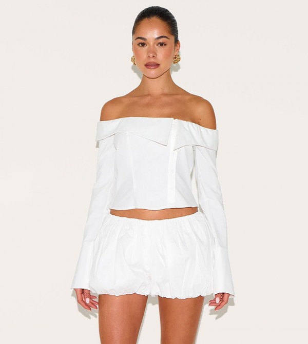 Linen Blend Bardot Button Up Crop Shirt