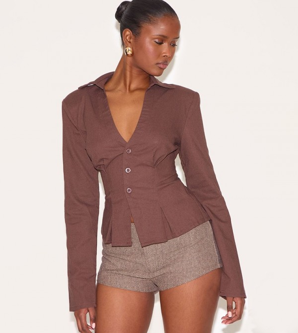 Linen Blend Plunge Shoulder Padded Shirt