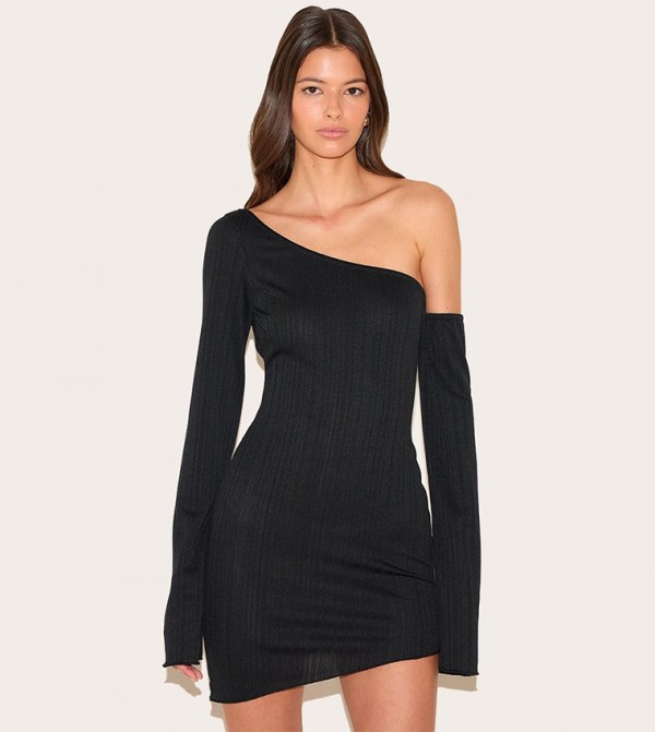 Textured Long Sleeve Asymmetric Mini Dress