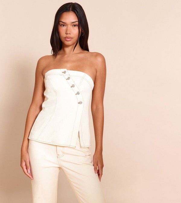 Asymmetric Button Denim Bandeau Top