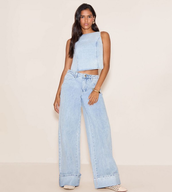 Turn Up Hem Wide Leg Jeans