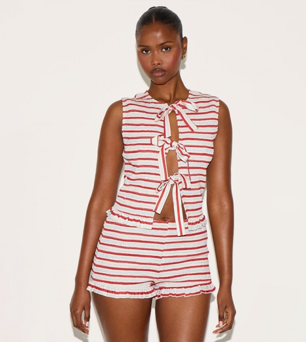Striped Tie Front Extreme Shirred Crop Top