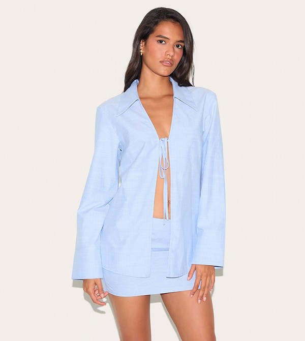 Striped Cotton Longline Tie Front Shirt
