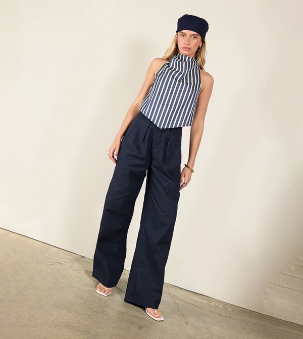 Cotton Look Striped Halterneck Top