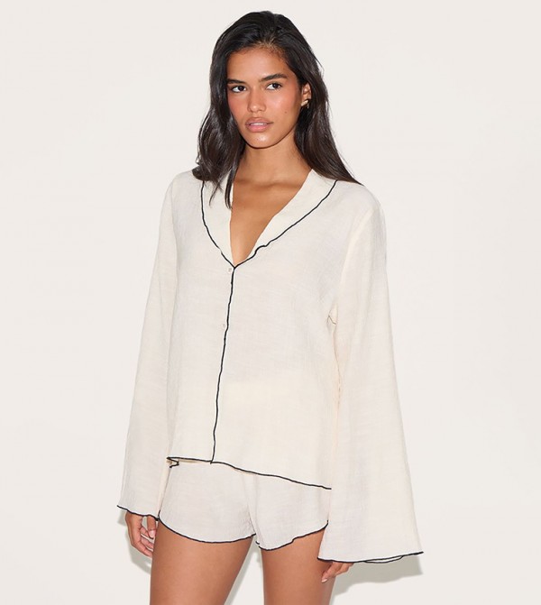Sand Linen Look Textured Contrast Trim Oversized Shirt